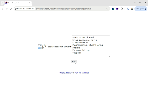 Sanitize your LinkedIn feed  from Chrome web store to be run with OffiDocs Chromium online