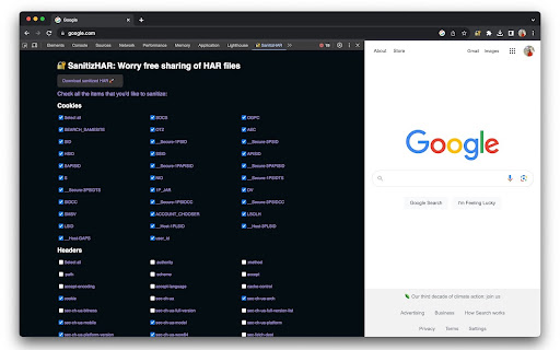 SanitizHAR  from Chrome web store to be run with OffiDocs Chromium online