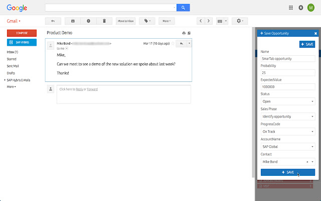 SAP Cloud for Customer for Gmail  from Chrome web store to be run with OffiDocs Chromium online