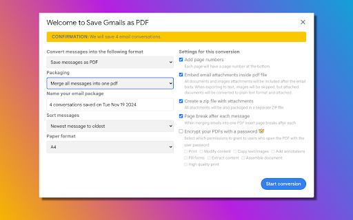 Save Gmails as PDF  from Chrome web store to be run with OffiDocs Chromium online
