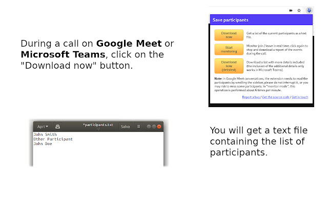 Save Participants (Google Meet  MS Teams)  from Chrome web store to be run with OffiDocs Chromium online