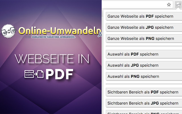 Save website as PDF, JPG, PNG  from Chrome web store to be run with OffiDocs Chromium online