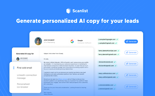 Scanlist: Email Finder  Sales Copy Generator  from Chrome web store to be run with OffiDocs Chromium online