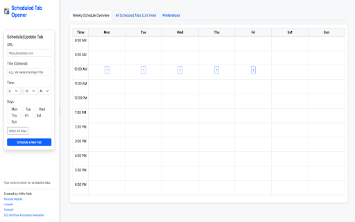 Scheduled Tab Opener  from Chrome web store to be run with OffiDocs Chromium online