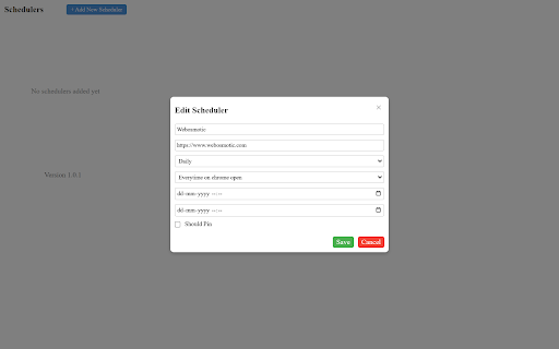 Scheduled Website Opener  from Chrome web store to be run with OffiDocs Chromium online