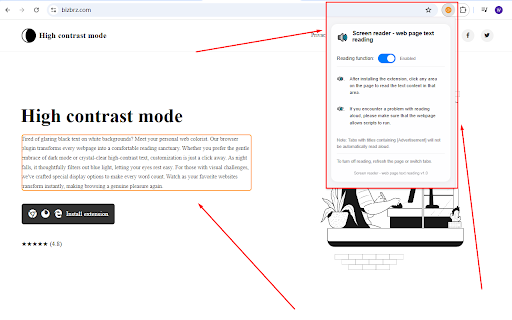 Screen reader web page text reading  from Chrome web store to be run with OffiDocs Chromium online