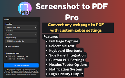 Screenshot to PDF Pro Full Page Converter  from Chrome web store to be run with OffiDocs Chromium online