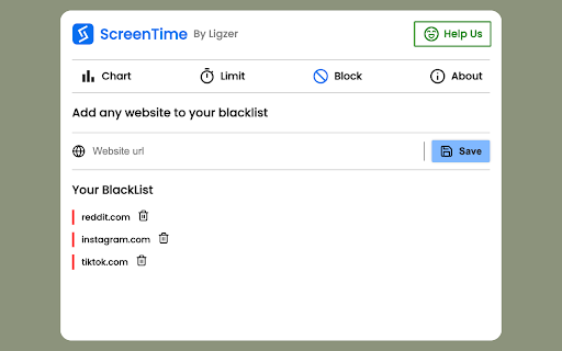 Screentime by Ligzer  from Chrome web store to be run with OffiDocs Chromium online