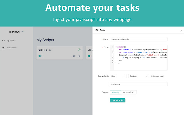 Scripty Javascript Injector  from Chrome web store to be run with OffiDocs Chromium online