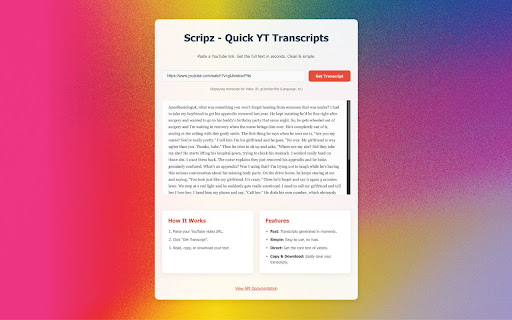Scripz YouTube Transcript Viewer  from Chrome web store to be run with OffiDocs Chromium online