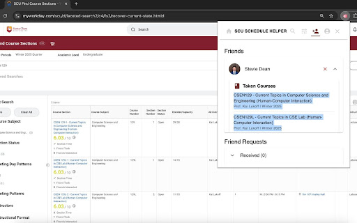 SCU Schedule Helper  from Chrome web store to be run with OffiDocs Chromium online