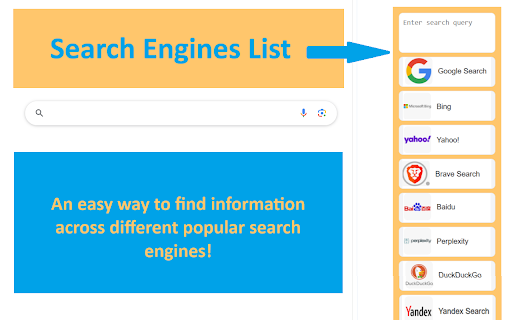 Search Engines List  from Chrome web store to be run with OffiDocs Chromium online