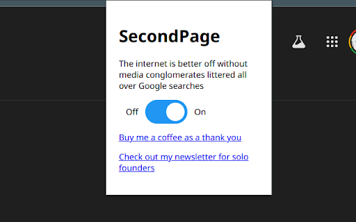 SecondPage Google Searches without media conglomerates  from Chrome web store to be run with OffiDocs Chromium online