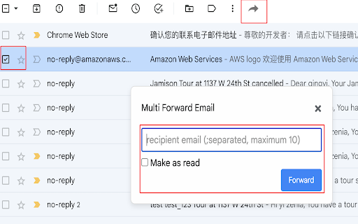 Secure multiple email forward  from Chrome web store to be run with OffiDocs Chromium online