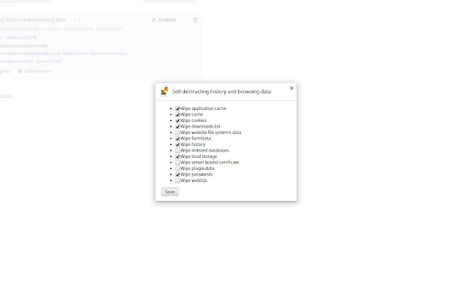 Self destructing history and browsing data  from Chrome web store to be run with OffiDocs Chromium online
