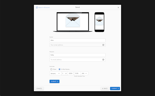 Send as Ellacard  from Chrome web store to be run with OffiDocs Chromium online