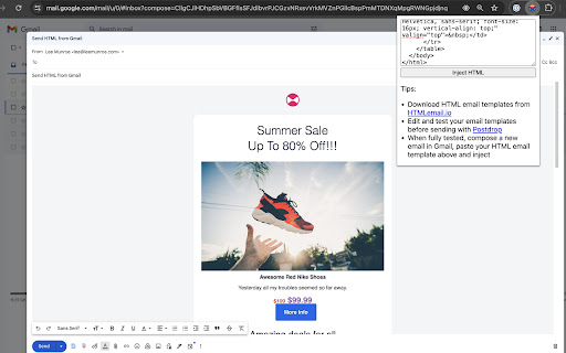 Send HTML in Gmail  from Chrome web store to be run with OffiDocs Chromium online