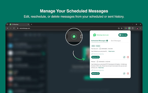 Send Later for WhatsApp from Chrome web store to be run with OffiDocs Chromium online Send Later for WhatsApp from Chrome web store to be run with OffiDocs Chromium online