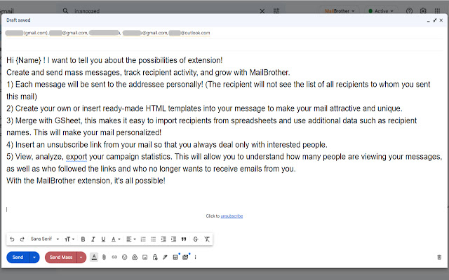Send Mass Mail + HTML inserter for Gmail  from Chrome web store to be run with OffiDocs Chromium online