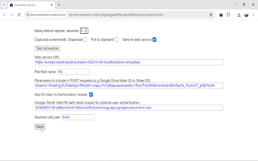 Send screenshots to web service  from Chrome web store to be run with OffiDocs Chromium online