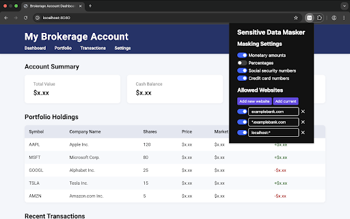 Sensitive Data Masker  from Chrome web store to be run with OffiDocs Chromium online