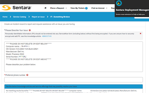 Sentara ServiceNow IT Something Broken Extension  from Chrome web store to be run with OffiDocs Chromium online