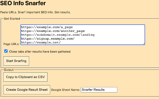 SEO Basic Info Snarfer  from Chrome web store to be run with OffiDocs Chromium online