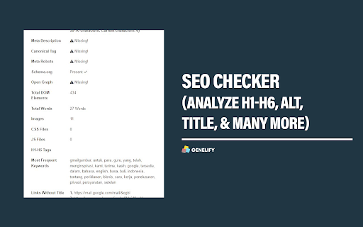 SEO Checker Genelify  from Chrome web store to be run with OffiDocs Chromium online