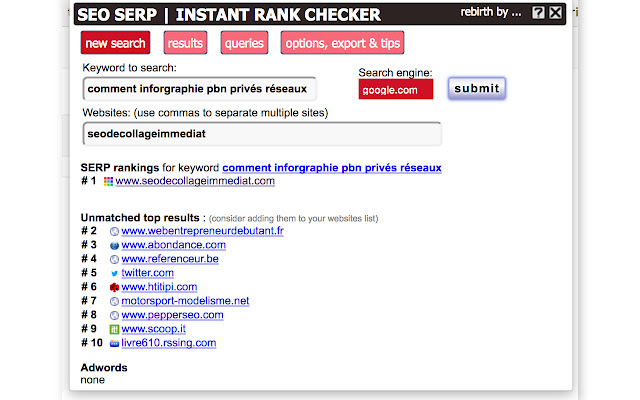 SEO SERP | INSTANT RANK CHECKER  from Chrome web store to be run with OffiDocs Chromium online
