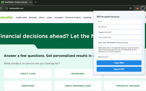 SEO Snapshot Analyzer  from Chrome web store to be run with OffiDocs Chromium online