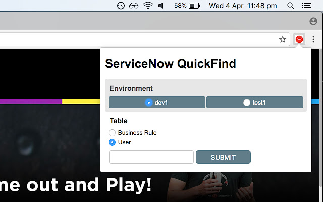 ServiceNow Quickfind  from Chrome web store to be run with OffiDocs Chromium online