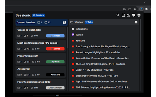 Sessionic  from Chrome web store to be run with OffiDocs Chromium online