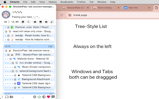Session Paw: SideWise Tabs Outliner  from Chrome web store to be run with OffiDocs Chromium online