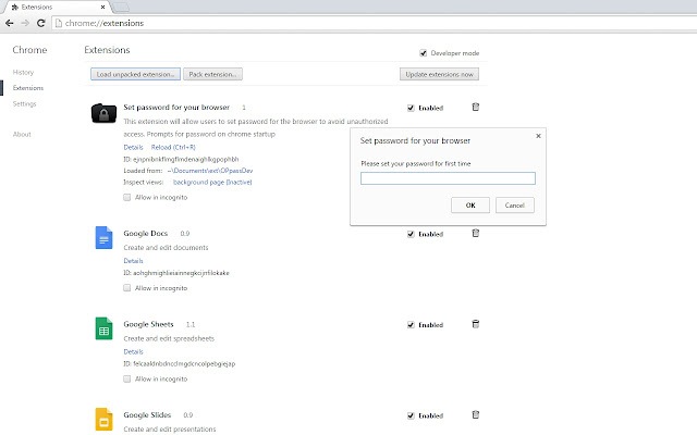 Set password for your browser ( chrome lock )  from Chrome web store to be run with OffiDocs Chromium online