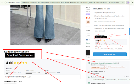 SHEIN.com review export csv tool  from Chrome web store to be run with OffiDocs Chromium online