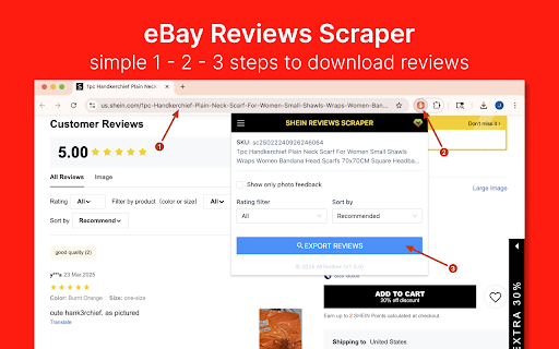 SHEIN Reviews Scraper Extract SHEIN Reviews to CSV/Excel/JSON  from Chrome web store to be run with OffiDocs Chromium online