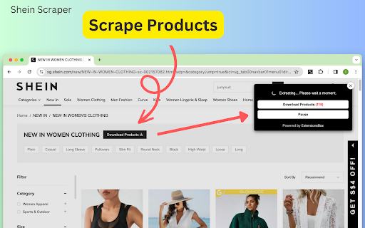 Shein Scraper  from Chrome web store to be run with OffiDocs Chromium online