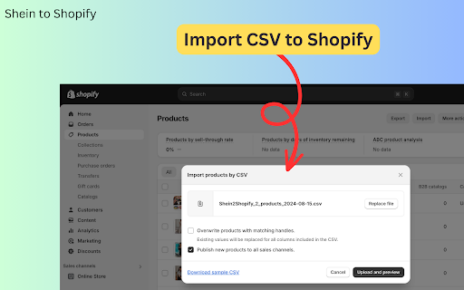 Shein to Shopify  from Chrome web store to be run with OffiDocs Chromium online