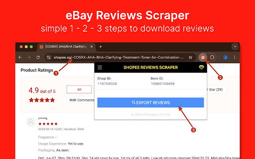 Shopee Reviews Scraper Extract Shopee Reviews to CSV/Excel/JSON  from Chrome web store to be run with OffiDocs Chromium online