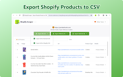 Shopify Scraper Export Shopify Product to CSV  from Chrome web store to be run with OffiDocs Chromium online