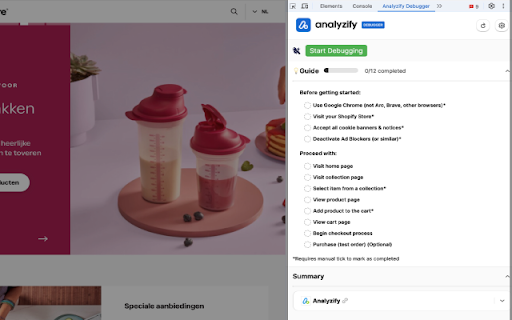 Shopify Tracking  Analytics Debugger by Analyzify  from Chrome web store to be run with OffiDocs Chromium online