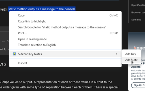 Sidebar Key Notes  from Chrome web store to be run with OffiDocs Chromium online