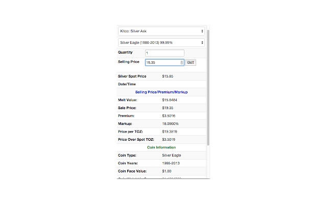 Silver and Gold Coin Spot Price Calculator  from Chrome web store to be run with OffiDocs Chromium online