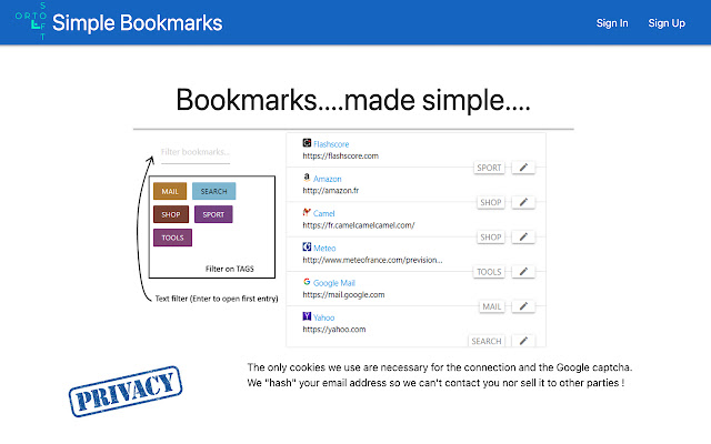 Simple Bookmarks (https://sb.ortosoft.fr)  from Chrome web store to be run with OffiDocs Chromium online