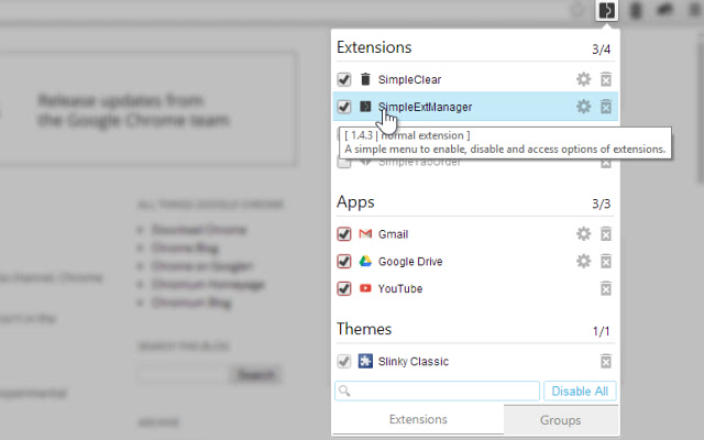 SimpleExtManager  from Chrome web store to be run with OffiDocs Chromium online
