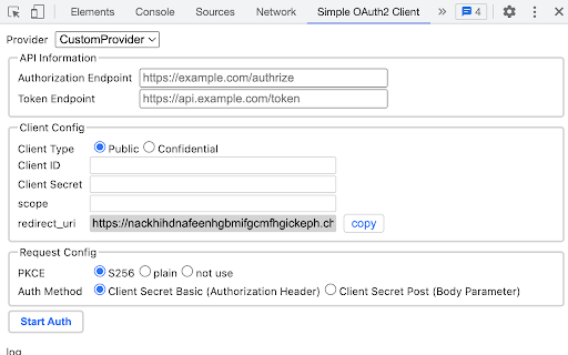 Simple OAuth2 Client  from Chrome web store to be run with OffiDocs Chromium online