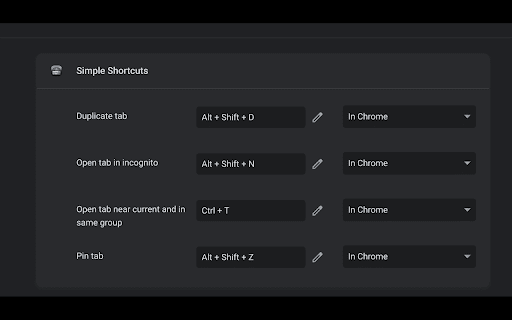 Simple Shortcuts  from Chrome web store to be run with OffiDocs Chromium online