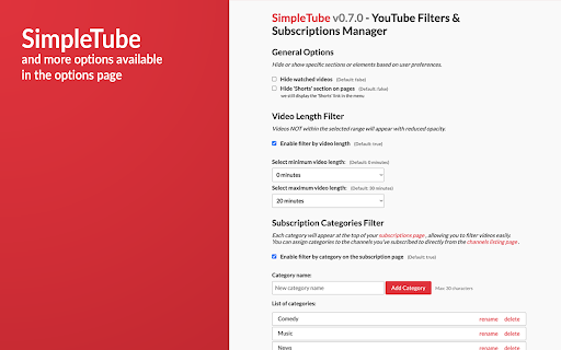 SimpleTube YouTube Filters  Subscriptions Manager  from Chrome web store to be run with OffiDocs Chromium online