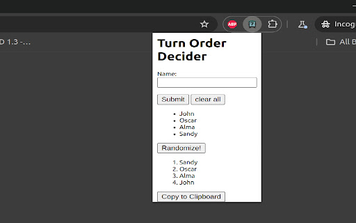 Simple Turn Order Decider  from Chrome web store to be run with OffiDocs Chromium online Simple Turn Order Decider  from Chrome web store to be run with OffiDocs Chromium online
