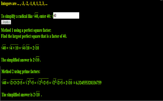 Simplify Square Roots of Integers  Primes  from Chrome web store to be run with OffiDocs Chromium online